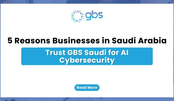 A cybersecurity promotional banner from GBS Saudi titled "5 Reasons Businesses in Saudi Arabia Trust GBS Saudi for AI Cybersecurity." The graphic features a minimalist white background with a light blue headline box and button, all enclosed in a dark blue frame.