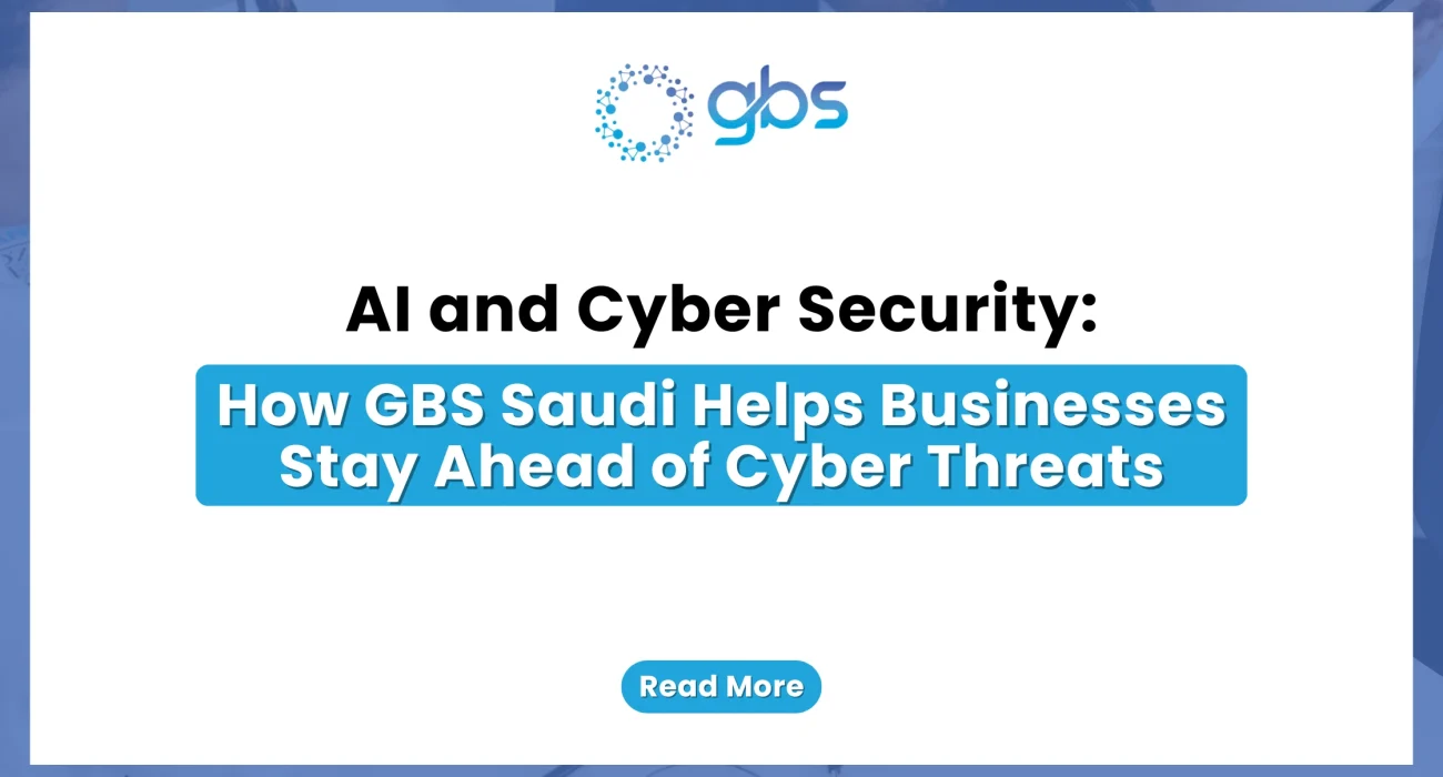 A clean, corporate cybersecurity web banner featuring a crisp white background with light blue accents, displaying the GBS company logo and structured text highlighting AI-driven defense mechanisms against cyber threats.