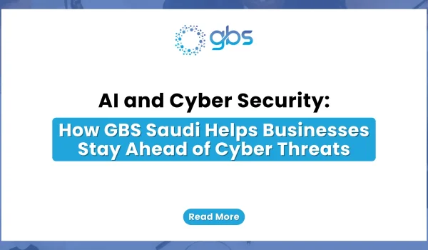 A clean, corporate cybersecurity web banner featuring a crisp white background with light blue accents, displaying the GBS company logo and structured text highlighting AI-driven defense mechanisms against cyber threats.