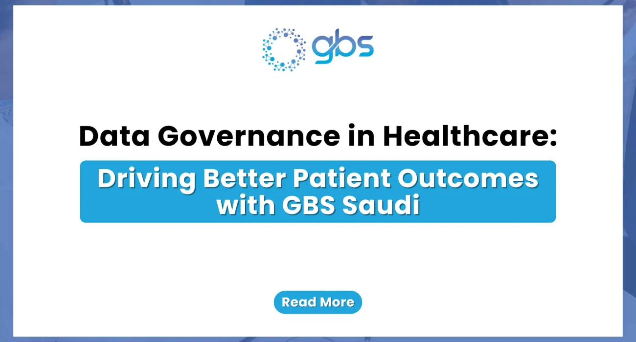A clean, corporate healthcare technology web banner featuring a crisp white background with light blue accents, displaying the GBS company logo and structured text introducing a guide on data governance in healthcare with GBS Saudi.