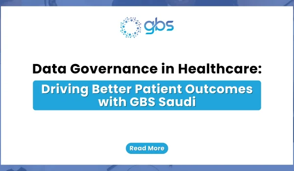 A clean, corporate healthcare technology web banner featuring a crisp white background with light blue accents, displaying the GBS company logo and structured text introducing a guide on data governance in healthcare with GBS Saudi.