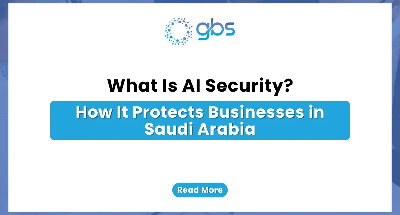 A clean, corporate cybersecurity web banner featuring a stark white background with light blue side accents, displaying the GBS logo and structured text asking what AI security is and how it protects businesses in Saudi Arabia.