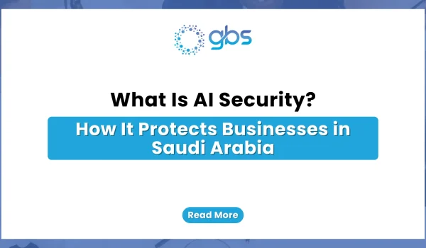 A clean, corporate cybersecurity web banner featuring a stark white background with light blue side accents, displaying the GBS logo and structured text asking what AI security is and how it protects businesses in Saudi Arabia.