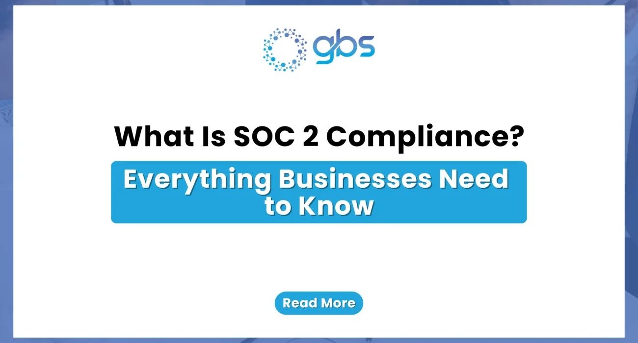 A clean, corporate data compliance web banner featuring a crisp white background with light blue accents, displaying the GBS company logo and structured text introducing an executive guide to SOC 2 compliance.