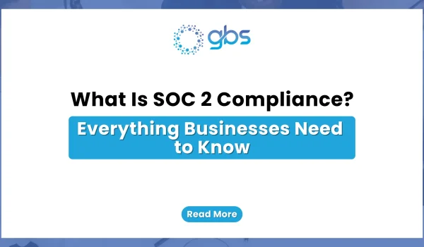 A clean, corporate data compliance web banner featuring a crisp white background with light blue accents, displaying the GBS company logo and structured text introducing an executive guide to SOC 2 compliance.