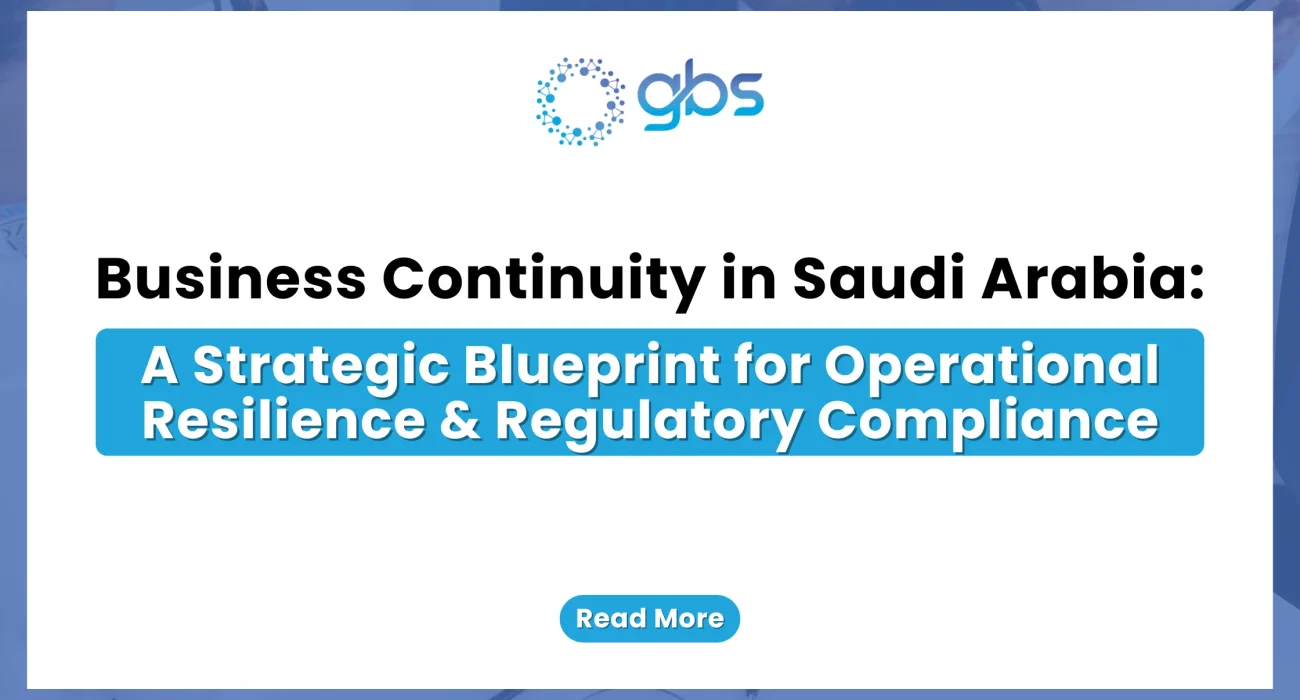A clean, corporate business continuity web banner featuring a crisp white background with light blue side accents, displaying the GBS logo and structured text detailing a strategic blueprint for operational resilience and regulatory compliance in Saudi Arabia.
