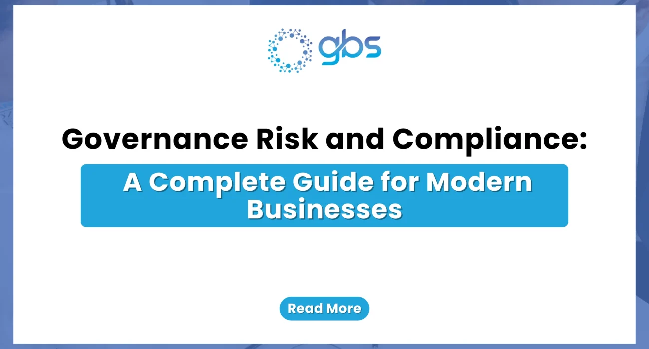 A clean, corporate GRC web banner featuring a stark white background flanked by blue side accents, displaying the GBS logo and structured text detailing a complete guide to governance, risk, and compliance for modern businesses.