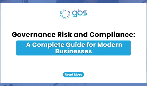 A clean, corporate GRC web banner featuring a stark white background flanked by blue side accents, displaying the GBS logo and structured text detailing a complete guide to governance, risk, and compliance for modern businesses.