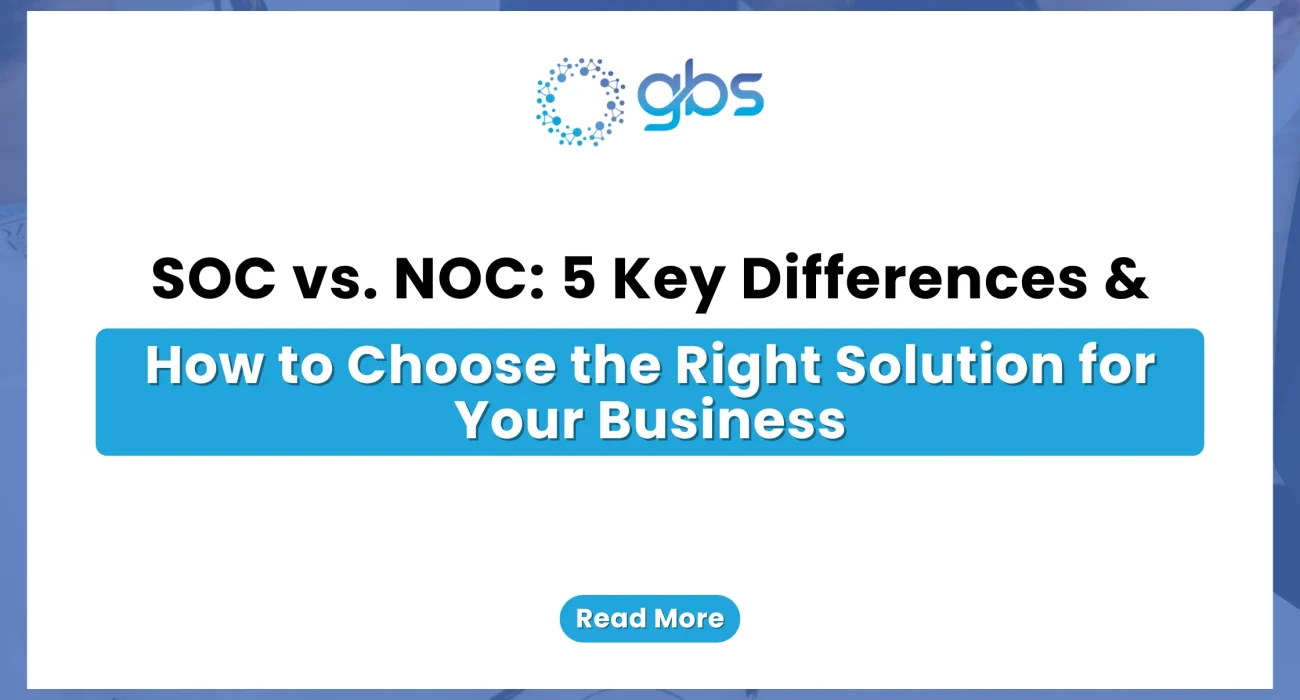 A clean, corporate IT management web banner featuring a crisp white background flanked by blue side accents, displaying the GBS logo and structured text detailing 5 key differences between a SOC and a NOC and how to choose the right solution for your business.
